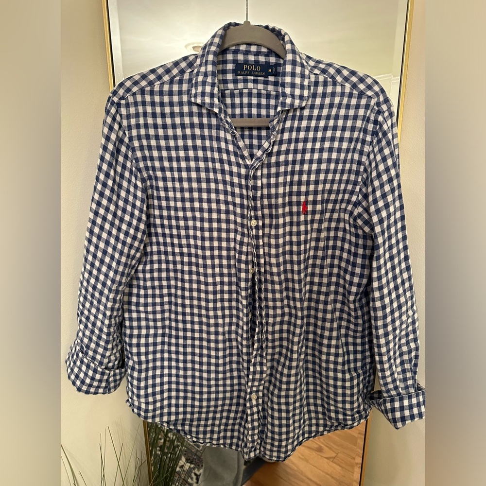 Polo Ralph Lauren Linen Blue Checked Button Down Size Medium